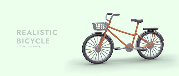 Vector plantilla de banner horizontal con bicicleta 3d bicicleta realista con cesta y maletero ilustración de color vectorial plantilla para publicidad de estilo de vida saludable vehículo personal respetuoso con el medio ambiente