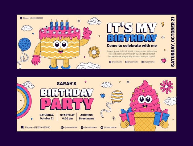 Plantilla de banner horizontal de celebración de cumpleaños dibujada a mano