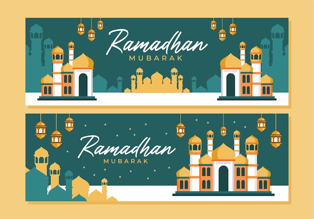 Plantilla de banner horizontal de celebración islámica plana de ramadán