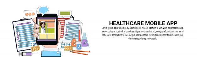 Plantilla de banner horizontal de concepto de aplicación móvil de cuidado de la salud