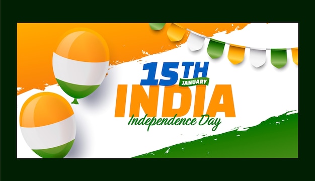 Vector plantilla de banner horizontal del día de la independencia de india degradado con globos