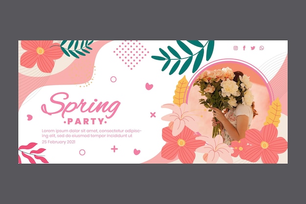 Plantilla de banner horizontal para fiesta de primavera con mujer y flores.