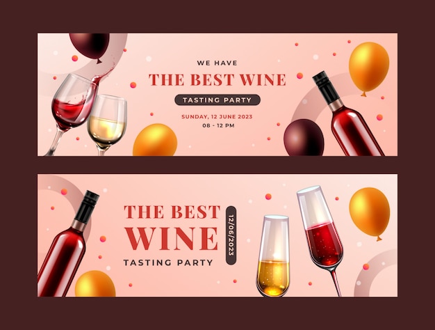 Plantilla de banner horizontal de fiesta de vino realista