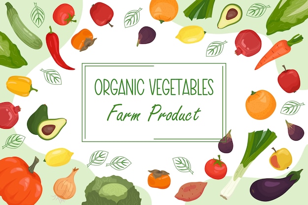 Plantilla de banner horizontal de frutas y verduras dibujada a mano con texto