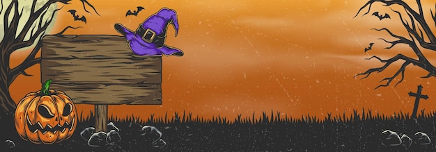 Plantilla de banner horizontal de halloween vintage con calabaza espeluznante y sombrero de bruja en tablero de madera en campo