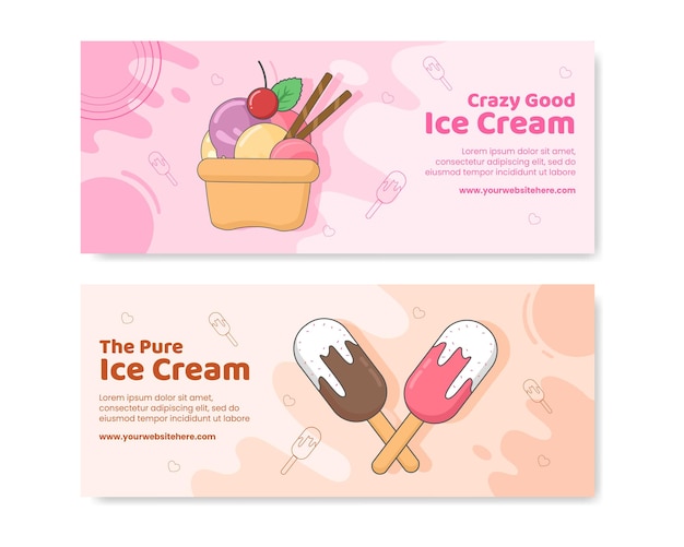 Plantilla de banner horizontal de helado ilustración de vector de fondo de dibujos animados plana