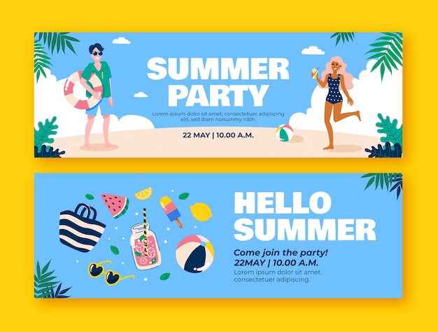 Plantilla de banner horizontal plana para la celebración de la temporada de verano