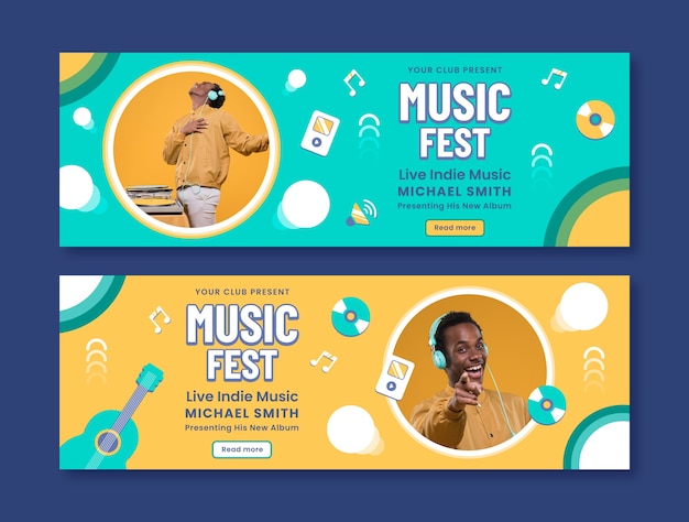 Plantilla de banner horizontal plana para festival de música