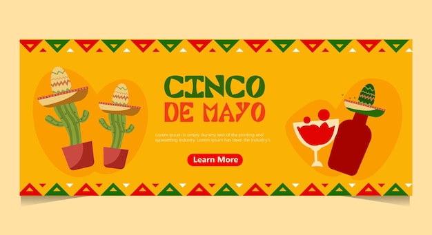 Plantilla de banner horizontal plano para la celebración del cinco de mayo