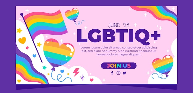 Plantilla de banner horizontal plano para la celebración del mes del orgullo