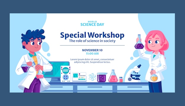 Plantilla de banner horizontal plano del día mundial de la ciencia