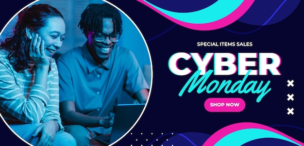 Vector plantilla de banner horizontal plano para ventas de cyber monday