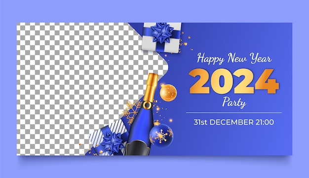 Vector plantilla de banner horizontal realista para la celebración del año nuevo 2024