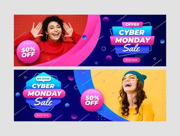 Plantilla de banner horizontal realista para la venta del cyber monday