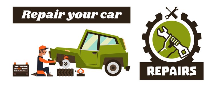 Vector plantilla de banner horizontal en reparaciones de automóviles logotipo de reparación mano sosteniendo una llave el automóvil y quitar una rueda mecánico restaura el sistema de frenado del automóvil ilustración vectorial estilo plano