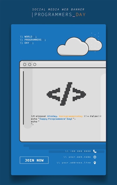 Plantilla de banner con icono de desarrollador en diseño de píxeles con nube para el diseño del día del programador