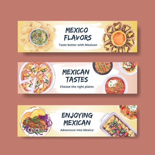 Vector plantilla de banner con ilustración de acuarela de diseño de concepto de cocina mexicana