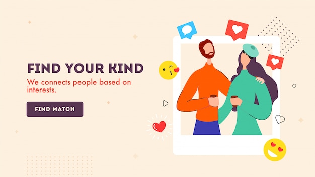 Vector plantilla de banner con ilustración de personaje de pareja amorosa con mensaje de emoji de corazón para find your kind, conectamos a las personas en función de su interés.