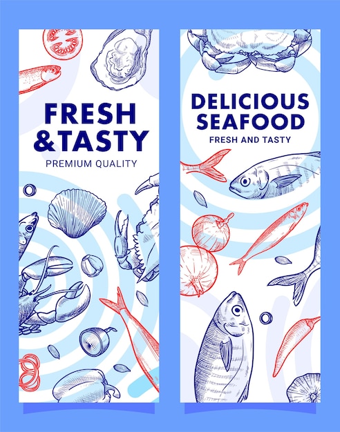 Vector plantilla de banner de ilustración de restaurante de mariscos dibujados a mano