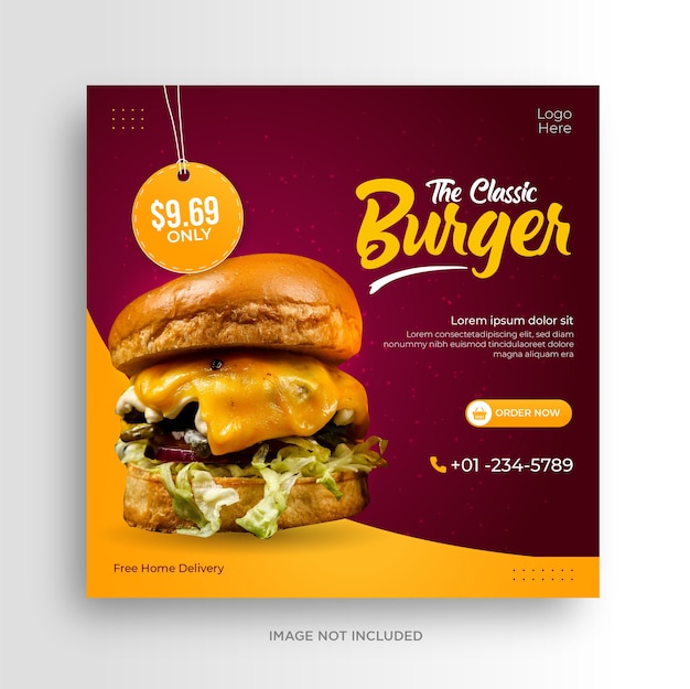 Plantilla de banner de instagram de redes sociales de promoción de menú de hamburguesas