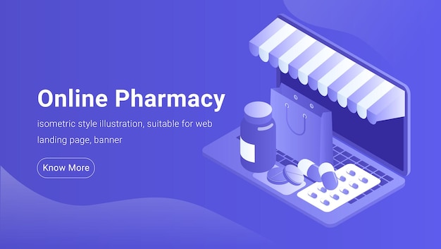 Plantilla de banner isométrico para farmacia en línea
