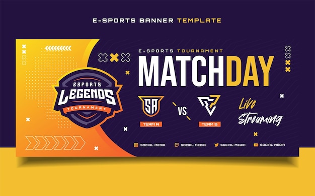 Plantilla de banner de juegos de deportes electrónicos match day para volante de redes sociales con logotipo