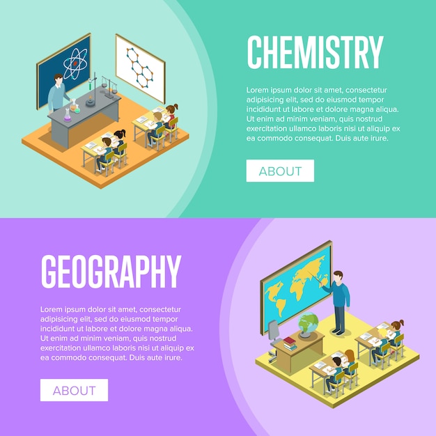 Plantilla de banner de lecciones de geografía y química en la escuela