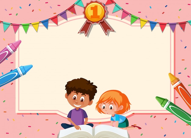 Plantilla de banner con libro de lectura de niño y niña