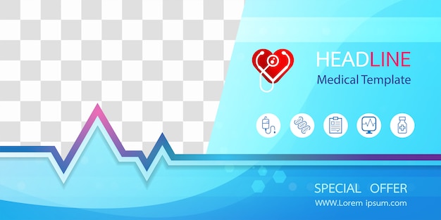 Vector plantilla de banner médico de icono de ecg y corazón