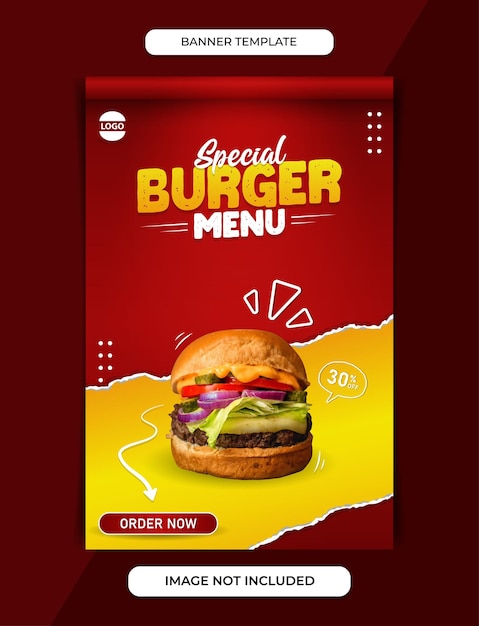 plantilla de banner de menú de hamburguesa especial para publicación en redes sociales o para imprimir con un 30 por ciento de descuento