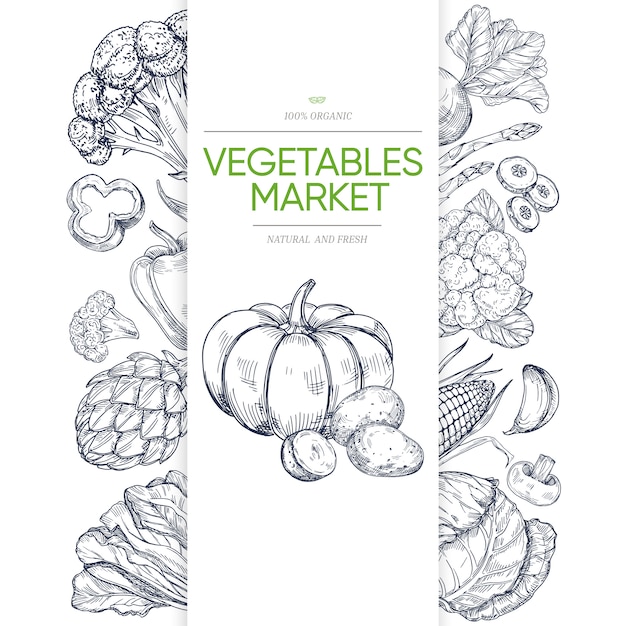 Plantilla de banner de mercados de verduras con dibujado a mano verde