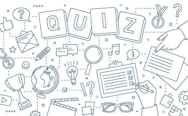 Plantilla de banner monocromo con manos de personas resolviendo rompecabezas o acertijos, torneo de preguntas, competencia de conocimientos, prueba de inteligencia, elementos de juegos inteligentes. Ilustración vectorial en estilo de arte de línea.