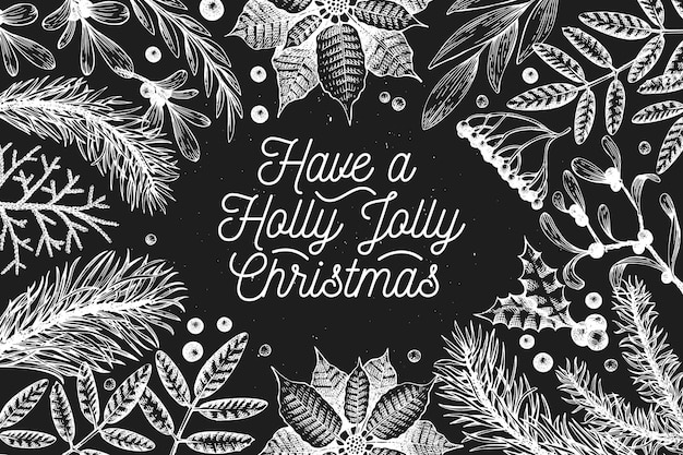Plantilla de banner de Navidad. Vector ilustraciones dibujadas a mano en pizarra. Diseño de tarjetas de felicitación en estilo vintage. Fondo de invierno