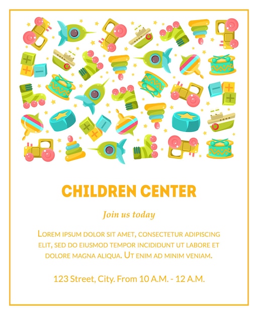 Plantilla de banner para niños con juguetes para bebés lindos y lugar para el elemento de diseño de texto Se puede usar para la página de aterrizaje Aplicación móvil Flyer Tarjeta de regalo Cupón Ilustración vectorial