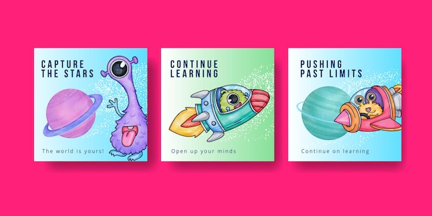 Plantilla de banner con niños que exploran el estilo galaxy conceptwatercolor