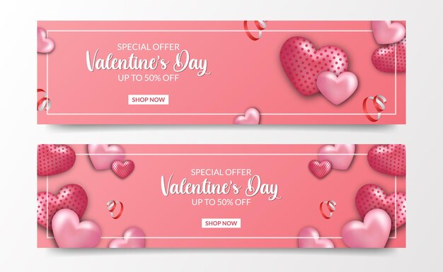 Plantilla de banner de oferta de venta de san valentín con corazón de amor