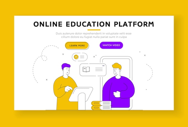 Plantilla de banner de página de destino de plataforma de educación en línea. Hombres modernos que utilizan aplicaciones en dispositivos contemporáneos para comprar recursos educativos digitales en línea. Ilustración de estilo plano
