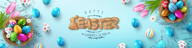 Plantilla de banner de pascua con huevos de pascua en el nido y fuente de galletas cracker sobre fondo azul.