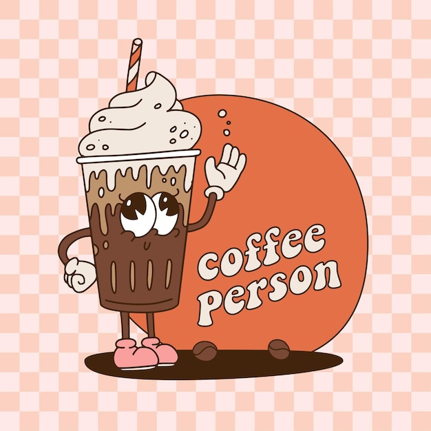 Plantilla de banner de persona de café de dibujos animados retro maravilloso s mascota de café vintage en vaso de plástico o vidrio w