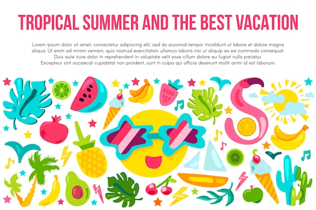 Vector plantilla de banner plano de vacaciones de verano. cartel de verano tropical con espacio de texto. iconos de dibujos animados de resort