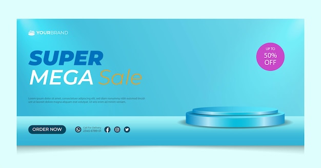 Plantilla de banner de podio 3D vacío sobre fondo azul cielo