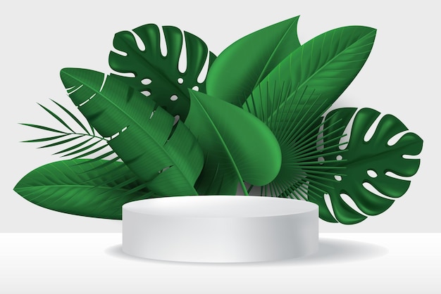 Vector plantilla de banner con podio blanco y hojas tropicales verdes vector 3d ilustración realista