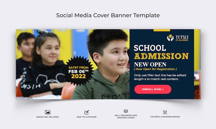 Vector plantilla de banner de portada de facebook de redes sociales de admisión a la escuela vector premium