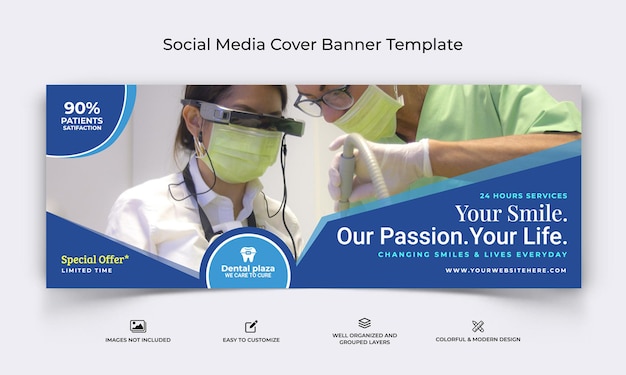 Plantilla de banner de portada de facebook de redes sociales de cuidado dental vector premium