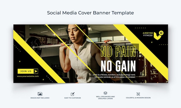 Plantilla de banner de portada de facebook de redes sociales de gym and fitness studio vector premium