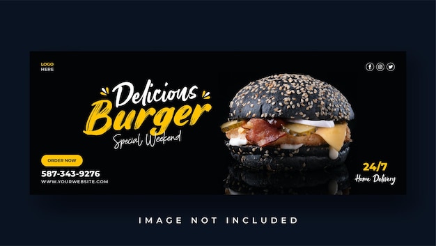 Plantilla de banner de portada de facebook de redes sociales de promoción de menú de deliciosa hamburguesa vector premium