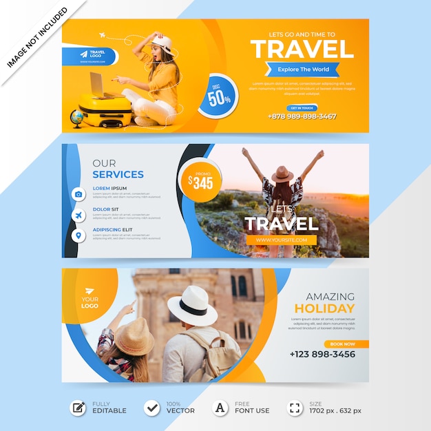 Vector plantilla de banner de portada de línea de tiempo de venta de redes sociales de viaje con foto