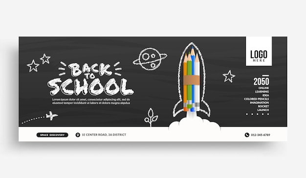 Plantilla de banner de portada de redes sociales de regreso a la escuela, cohete de lápices de colores que se lanza al espacio