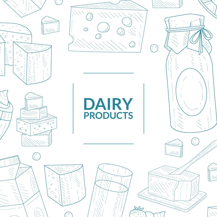 Vector plantilla de banner de productos lácteos alimentos orgánicos naturales y saludables ilustración vectorial dibujada a mano