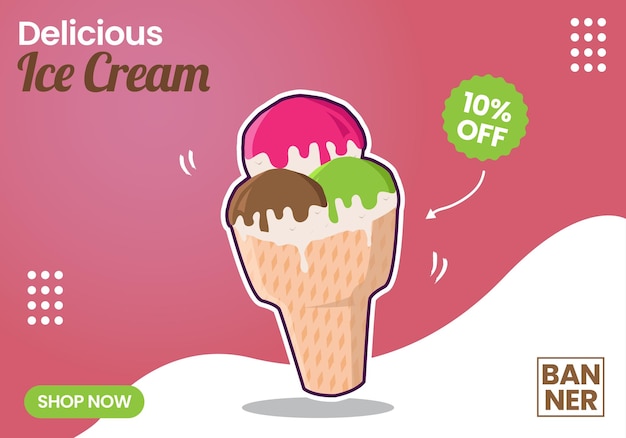Plantilla de banner de promoción de helado premium de vector y redes sociales